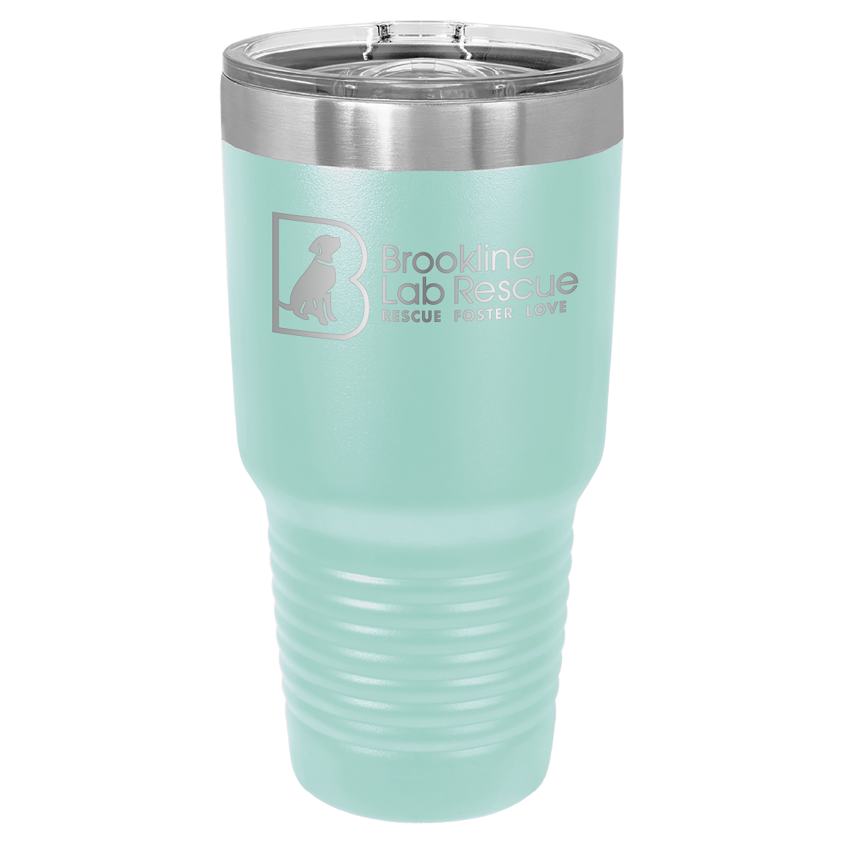 Teal laser engraved 30 oz tumbler featuring the Brookline Lab Rescue logo