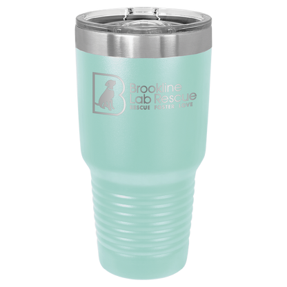 Teal laser engraved 30 oz tumbler featuring the Brookline Lab Rescue logo