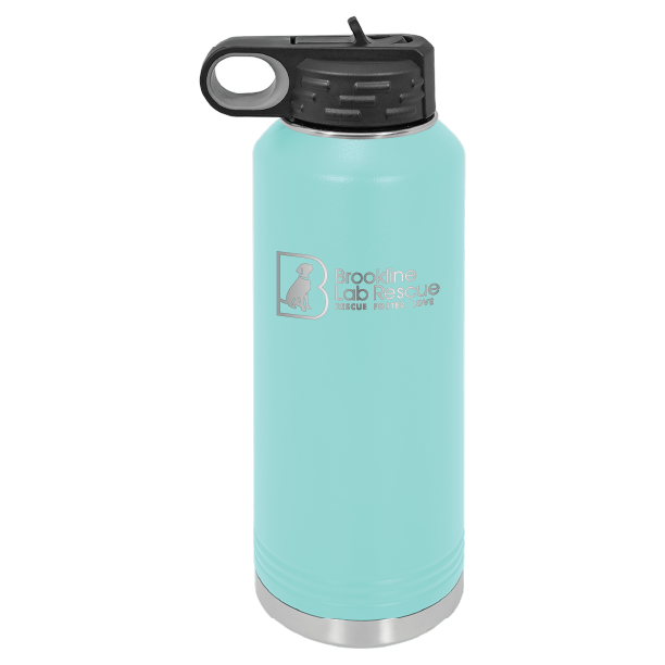 Teal laser engraved 40 oz water bottle featuring the Brookline Lab Rescue logo