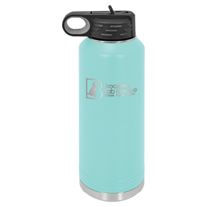 Teal laser engraved 40 oz water bottle featuring the Brookline Lab Rescue logo