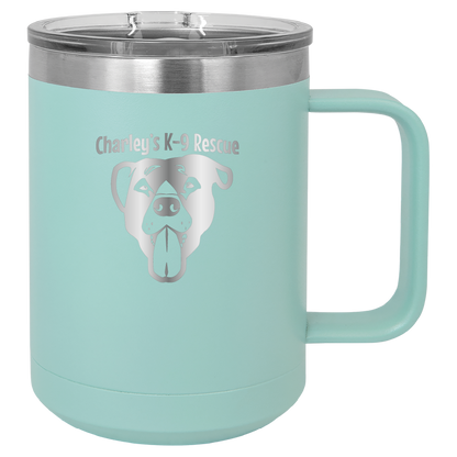 Teal 15 oz coffee cup laser engraved  tumbler featuring the Charley's K9 Rescue logo