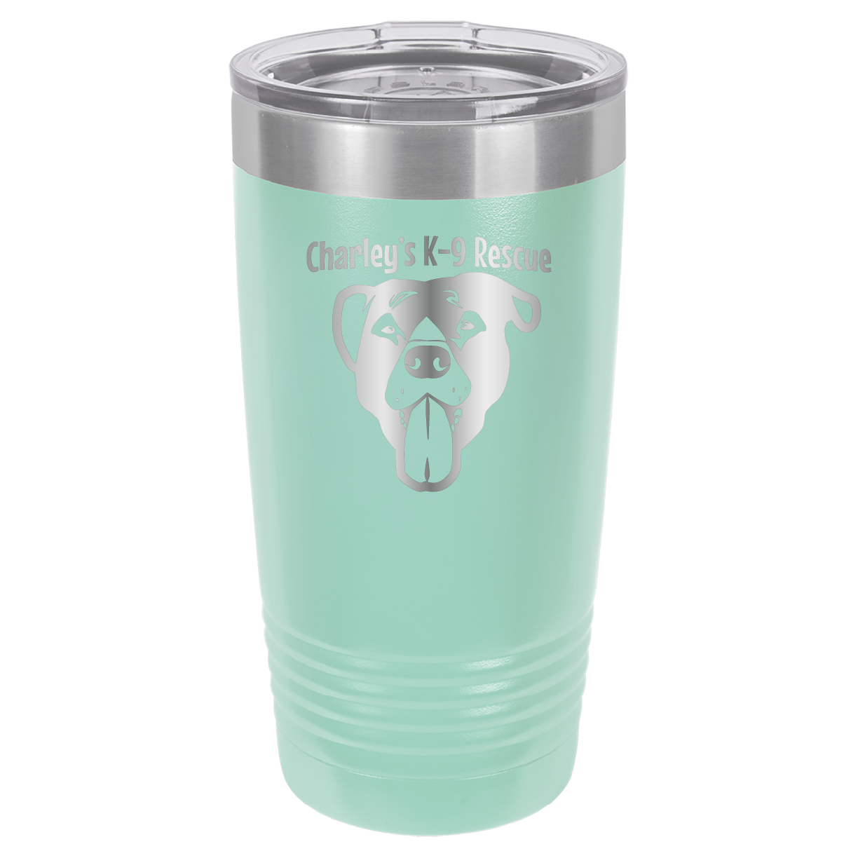 Teal 20 ounce tumbler laser engraved  tumbler featuring the Charley's K9 Rescue logo