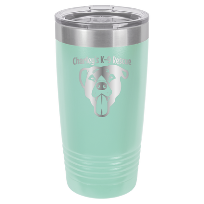 Teal 20 ounce tumbler laser engraved  tumbler featuring the Charley's K9 Rescue logo