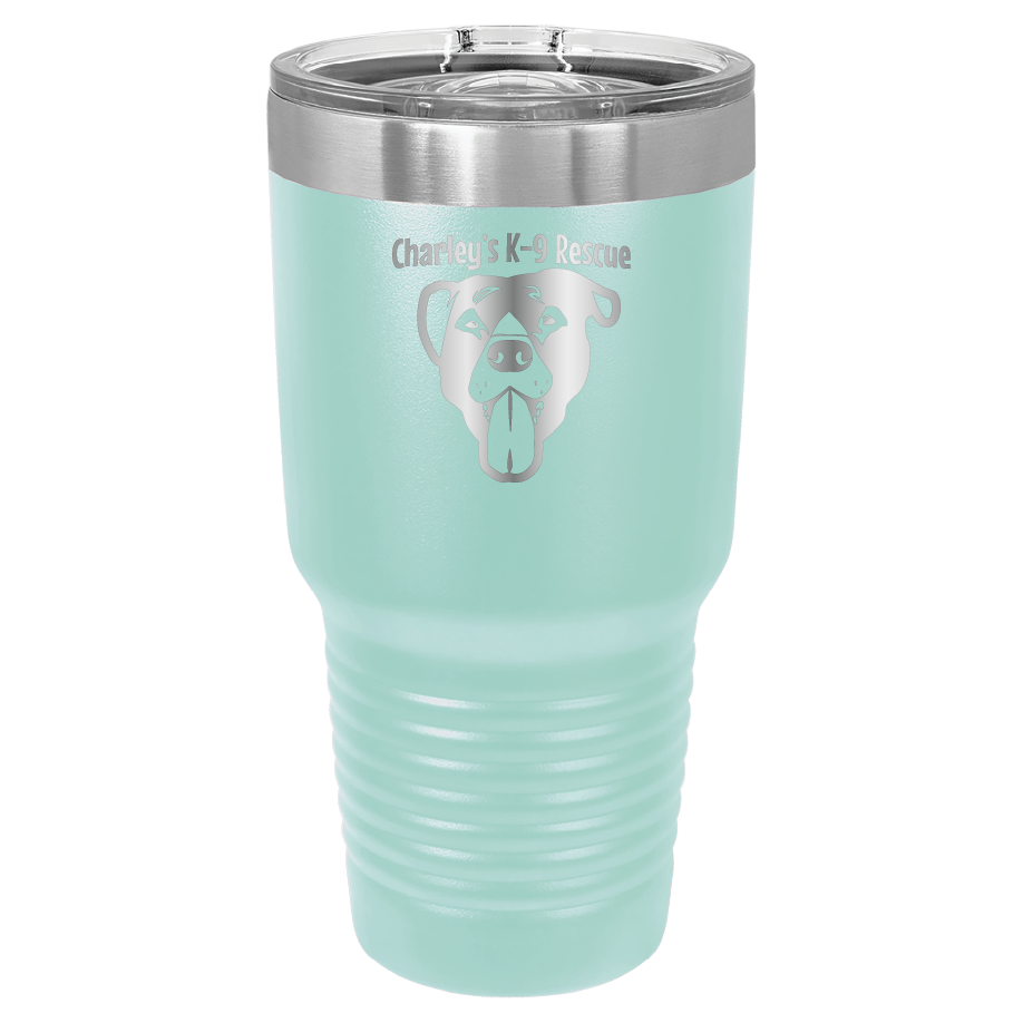 Teal 30 oz tumbler laser engraved  tumbler featuring the Charley's K9 Rescue logo