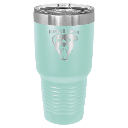 Teal 30 oz tumbler laser engraved  tumbler featuring the Charley's K9 Rescue logo