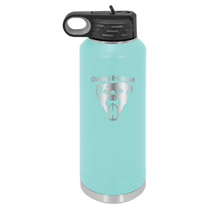 Teal 40 oz water bottle laser engraved  tumbler featuring the Charley's K9 Rescue logo