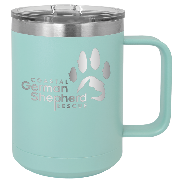 Teal 15 ounce laser engraved coffee mug, featuring the with the Coastal German Shpherd Rescue of Orange County logo