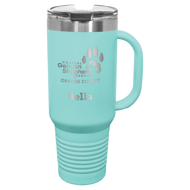 40 tumbler, laser engraved with the Coastal German Shepherd Rescue of OC logo, in teal