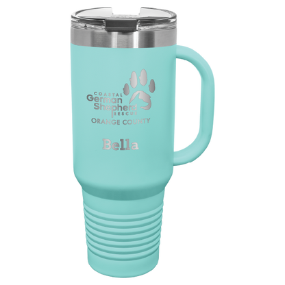 40 tumbler, laser engraved with the Coastal German Shepherd Rescue of OC logo, in teal