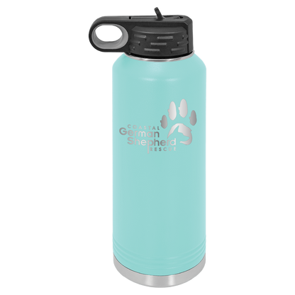 Teal 40 ounce laser engraved water bottle, featuring the with the Coastal German Shpherd Rescue of Orange County logo