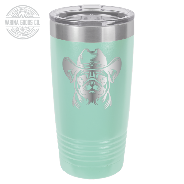 Teal Cowboy Pug laser engraved 20 oz tumbler.