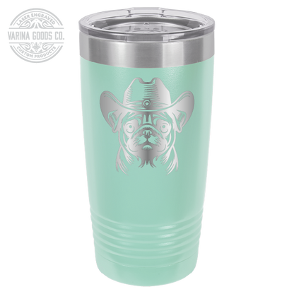 Teal Cowboy Pug laser engraved 20 oz tumbler.