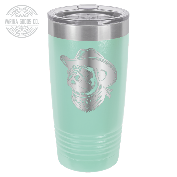 Cowboy Pug with Bandana 20 laser engraved tumbler, in teal