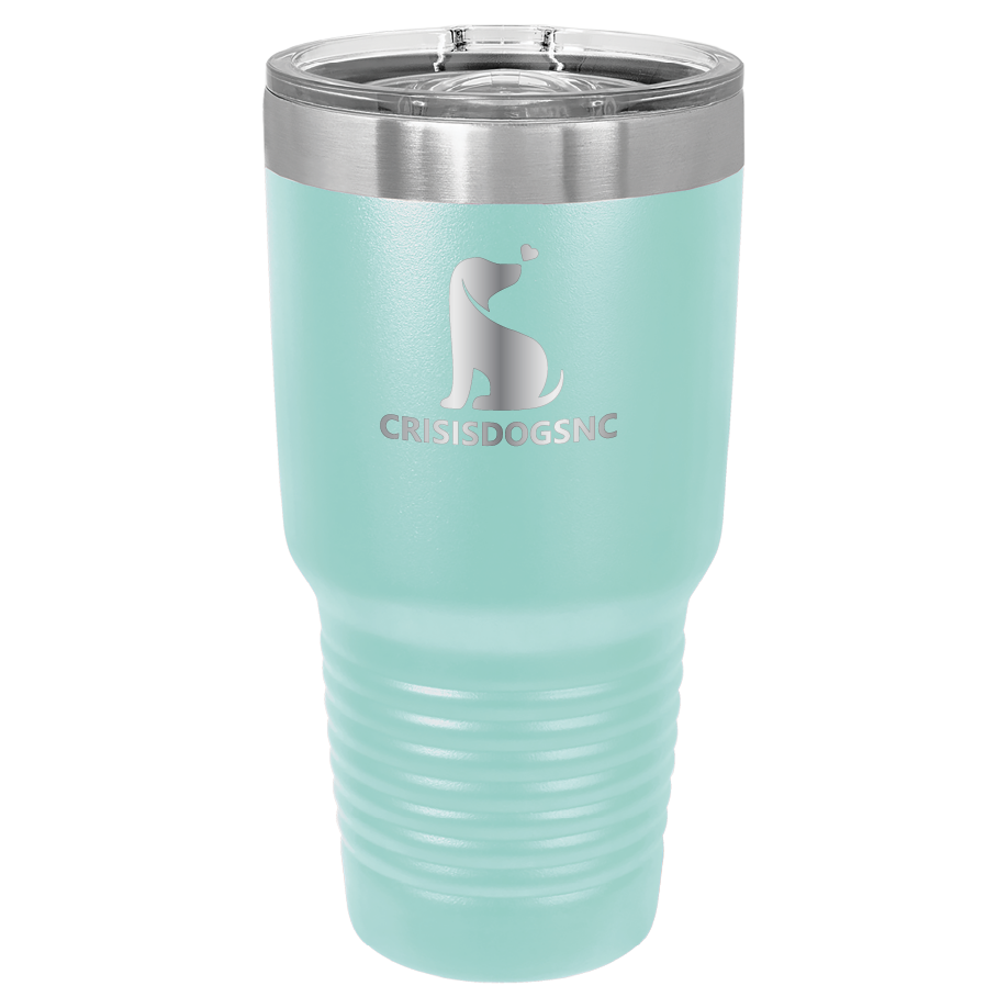 Teal 30 oz laser engraved tumbler with the Crisis Dogs NC logo.