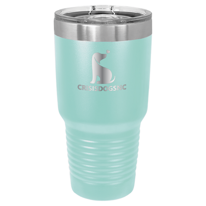 Teal 30 oz laser engraved tumbler with the Crisis Dogs NC logo.