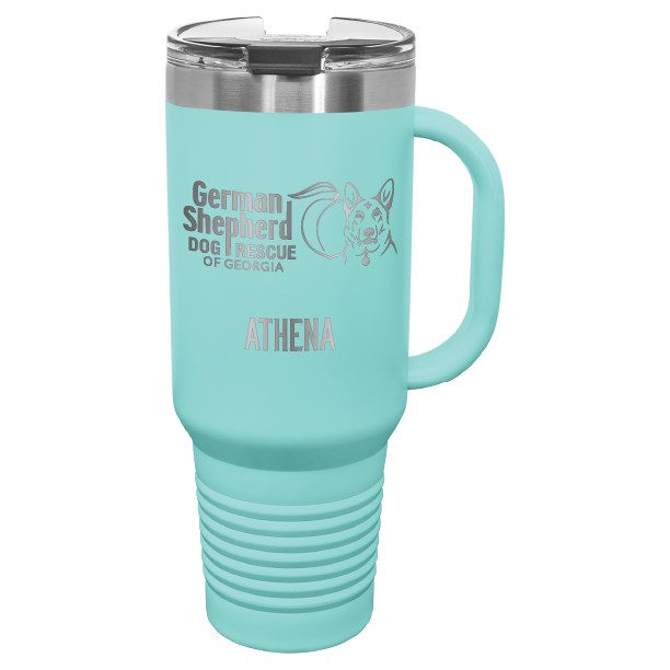 40 Oz travel tumbler, laser engraved with the logo of German Shepherd Dog Rescue of Georgia, in teal