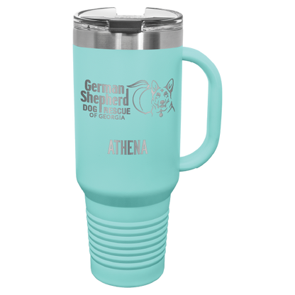40 Oz travel tumbler, laser engraved with the logo of German Shepherd Dog Rescue of Georgia, in teal