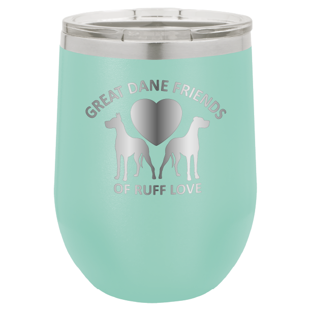 Teal laser engraved wine tumbler with Great Dane Friends of Ruff Love logo.