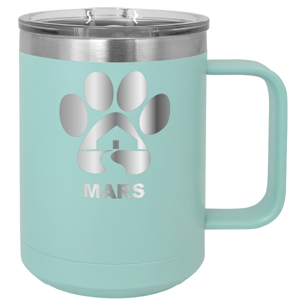 Teal 15 ounce laser engraved coffee mug with the Midwest Animal Rescue & Services (MARS) logo.