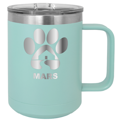 Teal 15 ounce laser engraved coffee mug with the Midwest Animal Rescue & Services (MARS) logo.