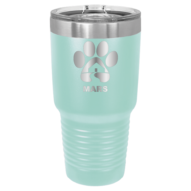 Teal 30 ounce laser engraved tumbler with the Midwest Animal Rescue & Services (MARS) logo.