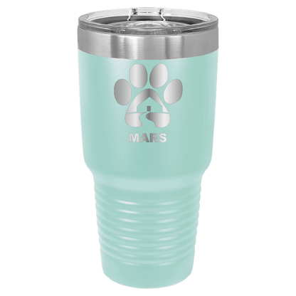 Teal 30 ounce laser engraved tumbler with the Midwest Animal Rescue & Services (MARS) logo.