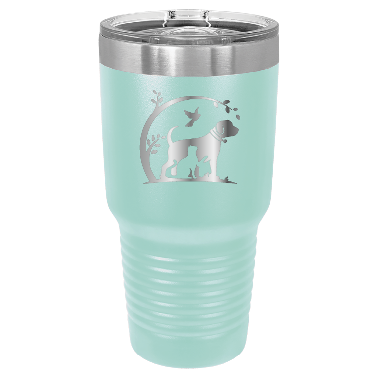 Teal 30 oz laser engraved tumbler featuring the No Critter Left Behind logo