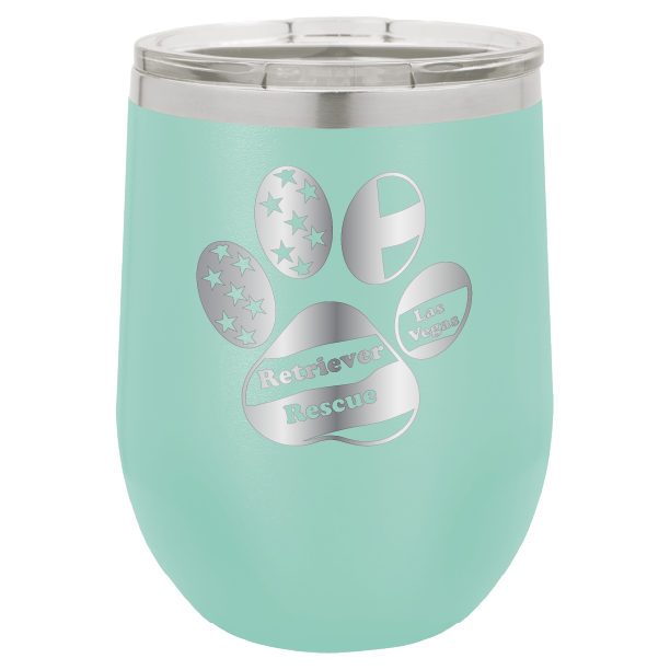Teal laser engraved wine tumbler with the logo of retriever rescue of Las Vegas