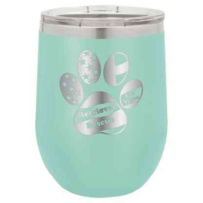 Teal laser engraved wine tumbler with the logo of retriever rescue of Las Vegas