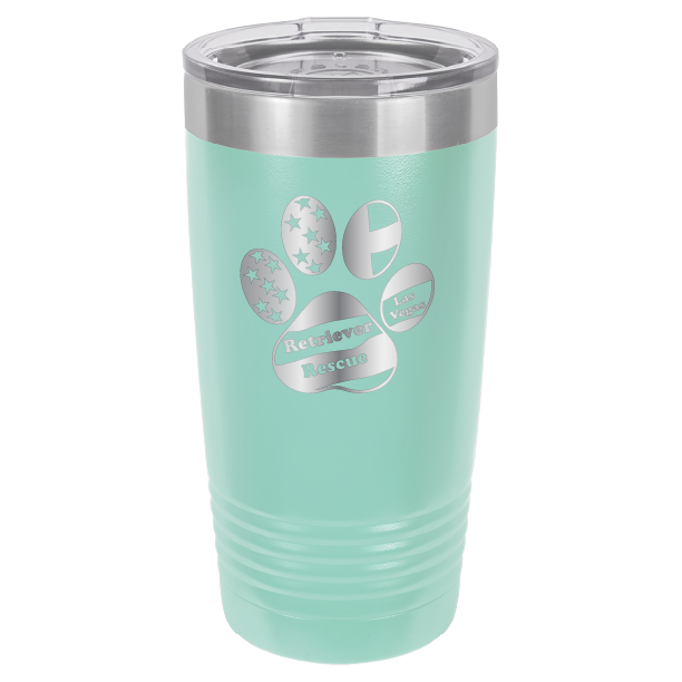 Teal laser engraved 20 tumbler featuring the Retriever Rescue of Las Vegas logo