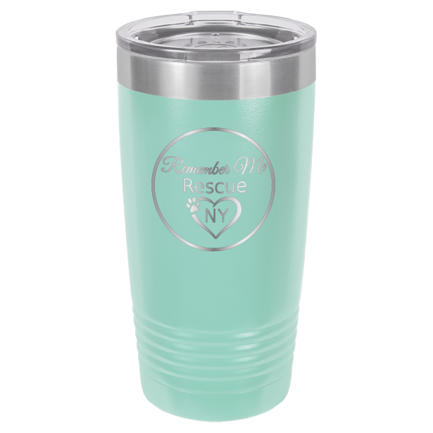 Teal  laser engraved 20 tumbler featuring the logo of Remember Me Rescue NY