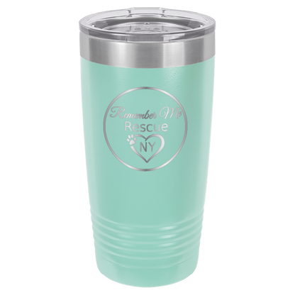 Teal  laser engraved 20 tumbler featuring the logo of Remember Me Rescue NY