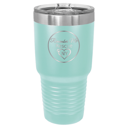 Teal 30 oz laser engraved tumbler featuring the Remember Me Rescue NY logo.