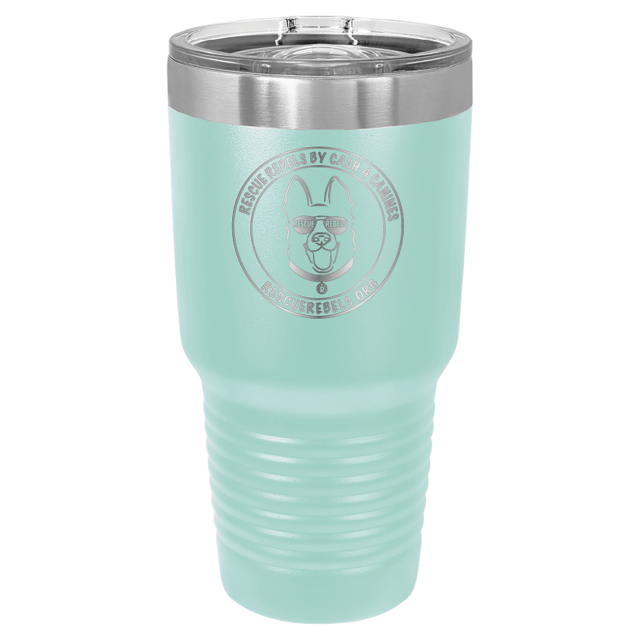 Teal 30 oz tumbler laser engraved  water bottle featuring the Rescue Rebels logo
