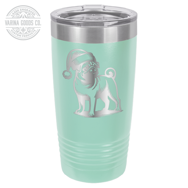 Pug wearing a Santa hat, 20 oz laser engraved tumbler, in teal