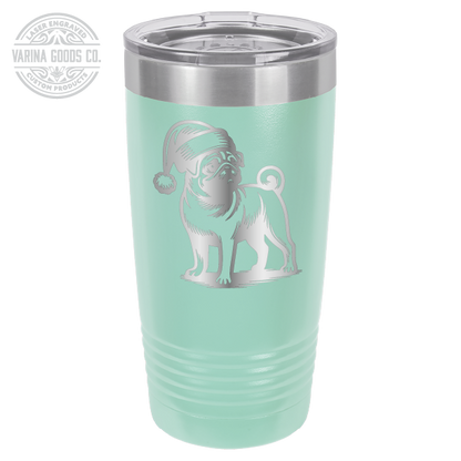 Pug wearing a Santa hat, 20 oz laser engraved tumbler, in teal