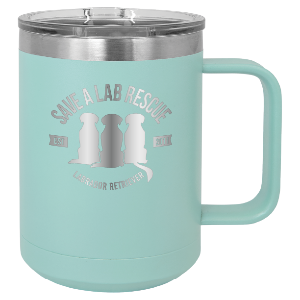 Teal 15 oz laser engraved coffee cup featuring the Save A Lab Rescue logo.