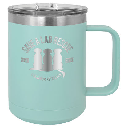 Teal 15 oz laser engraved coffee cup featuring the Save A Lab Rescue logo.