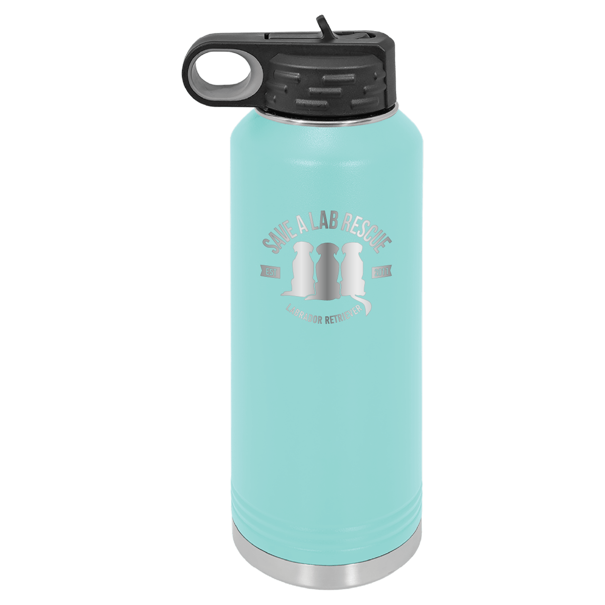 Teal 40 Oz Laser engraved water bottle featuring the Save A Lab logo.