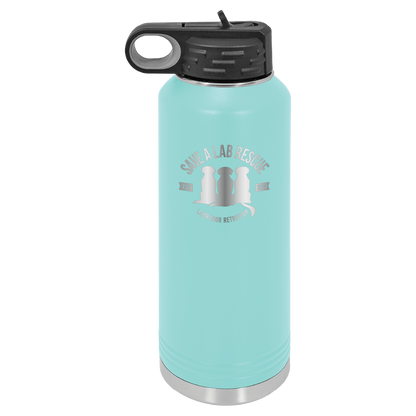 Teal 40 Oz Laser engraved water bottle featuring the Save A Lab logo.