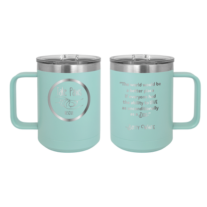 Teal 15 oz coffee cup laser engraved  tumbler featuring the Take Paws Rescue logo