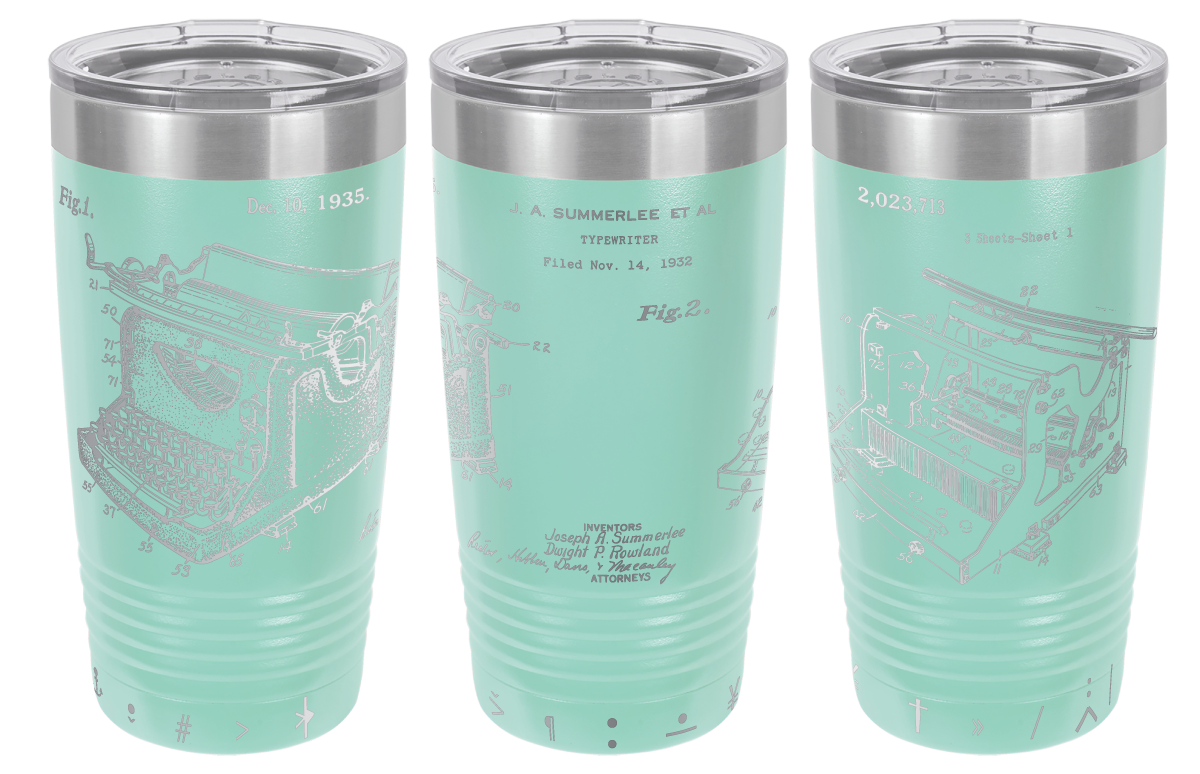 Vintage typewriter patent laser engraved on a teal stainless steel tumbler
