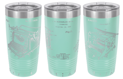Vintage typewriter patent laser engraved on a teal stainless steel tumbler