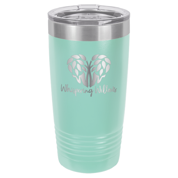 Teal laser engraved 20 oz tumbler featuring the Whispering Willows logo.