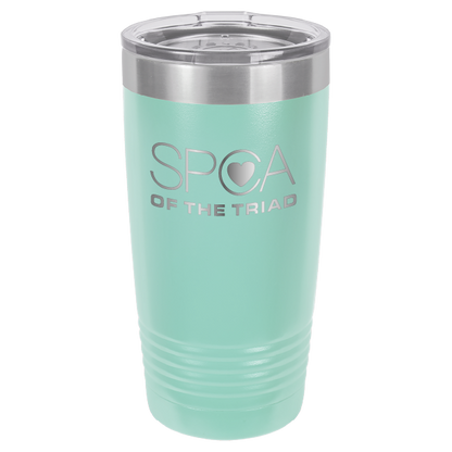 Teal laser engravved 20 Oz tumbler featuring the SPA of the Triad logo. 