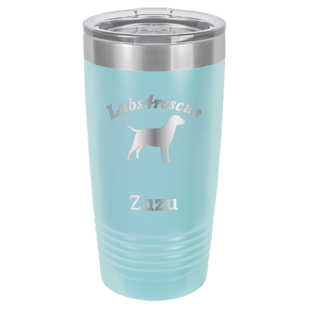 Light Blue laser engraved 20 oz tumbler featuring the Labs4rescue logo and the name Zuzu. 