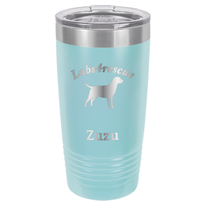Light Blue laser engraved 20 oz tumbler featuring the Labs4rescue logo and the name Zuzu. 