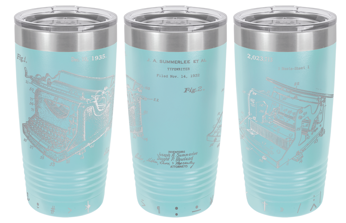 Vintage typewriter patent laser engraved on a light blue stainless steel tumbler