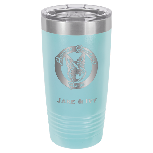 Laser Engraved light blue 20 oz tumbler with German Shepherd Rescue and the names Jake and Ivy