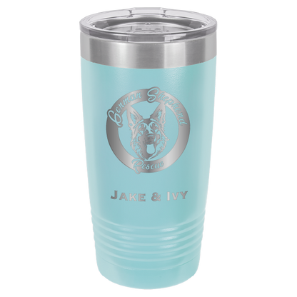 Laser Engraved light blue 20 oz tumbler with German Shepherd Rescue and the names Jake and Ivy